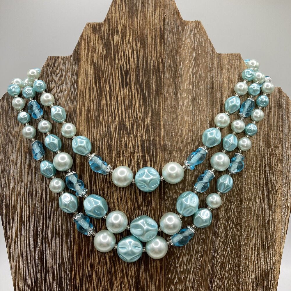 Vintage Japan 3 Strand Beaded Necklace 15-17” 3 Tone blue Something Blue Wedding